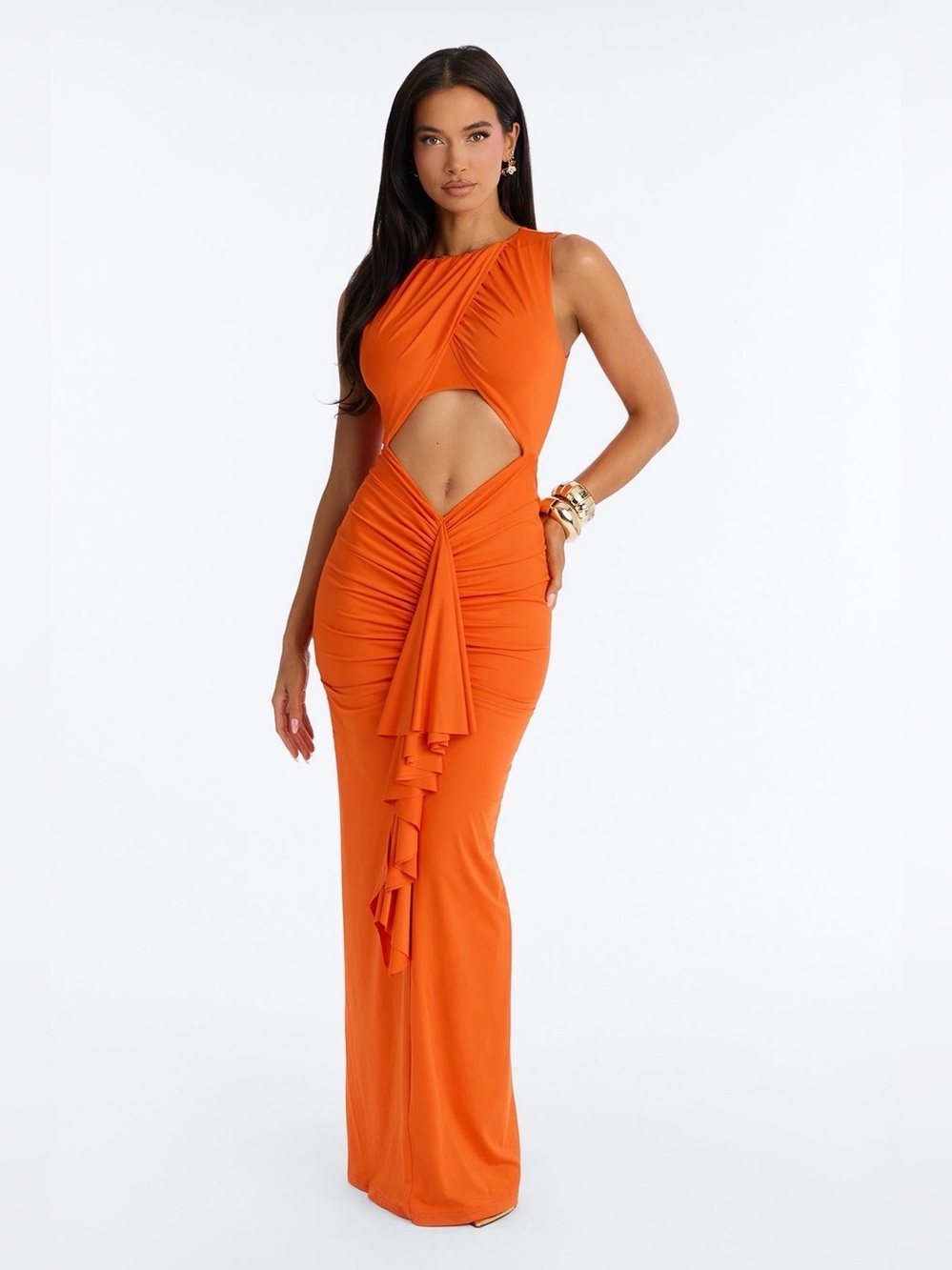 Orange Cutout Ruched Maxi Dress